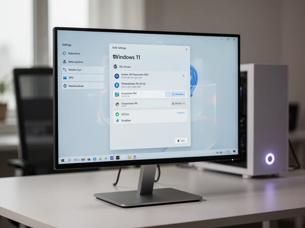 Monitor z otwartymi ustawieniami Windows 11, wyświetlający informacje o karcie graficznej na minimalistycznym biurku.