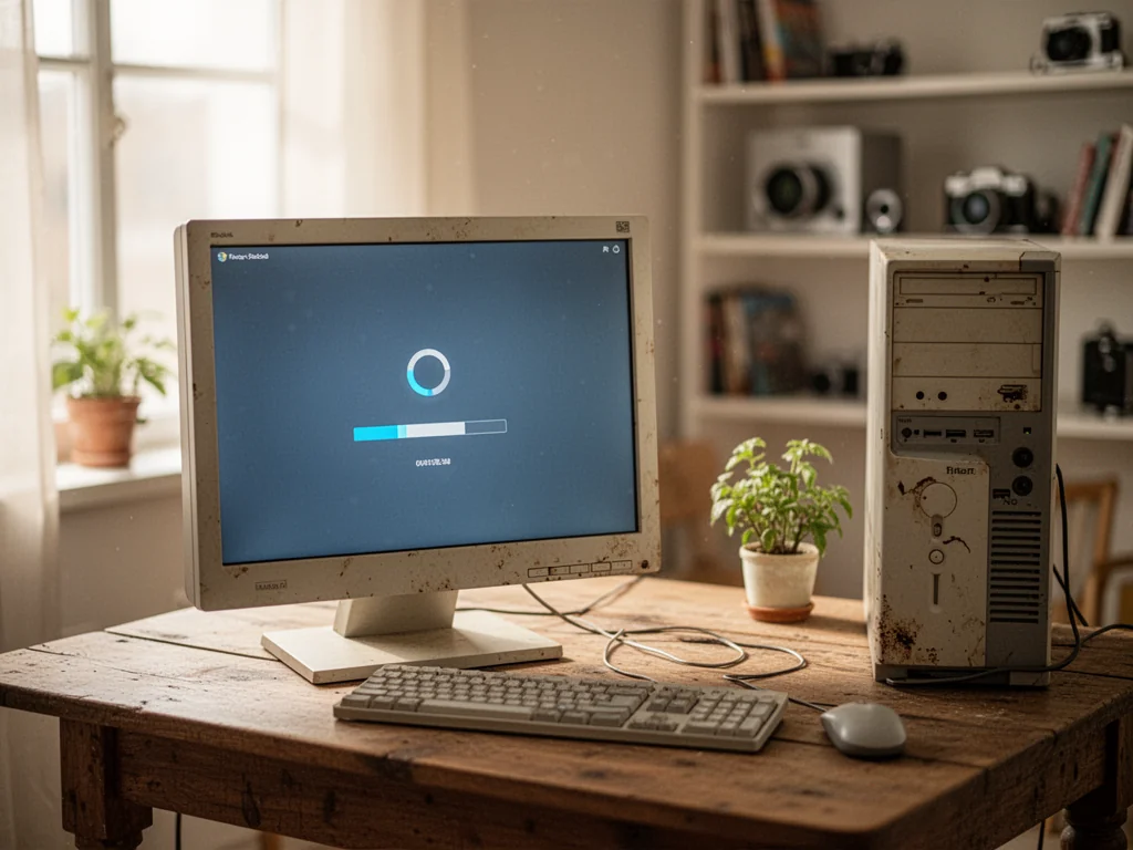 Stary komputer stacjonarny na biurku podczas instalacji nowoczesnego systemu Windows w przytulnym, jasno oświetlonym pokoju.