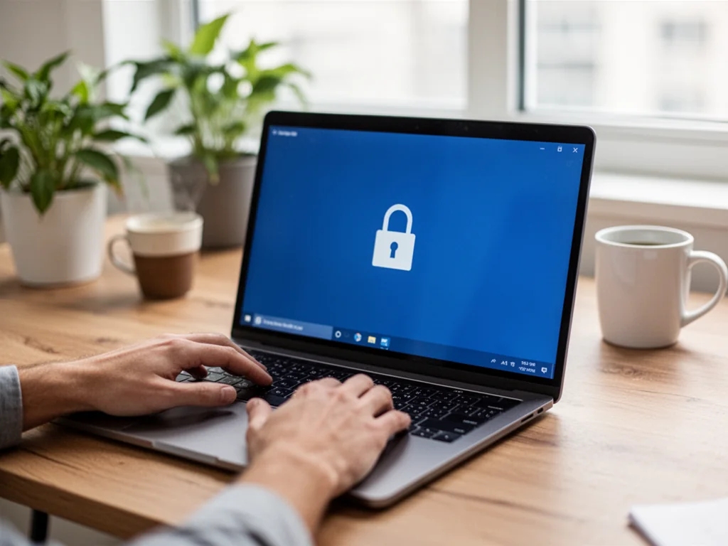 Laptop z ikoną kłódki na ekranie, użytkownik włącza szyfrowanie BitLocker w Windows 11 w domowym biurze.