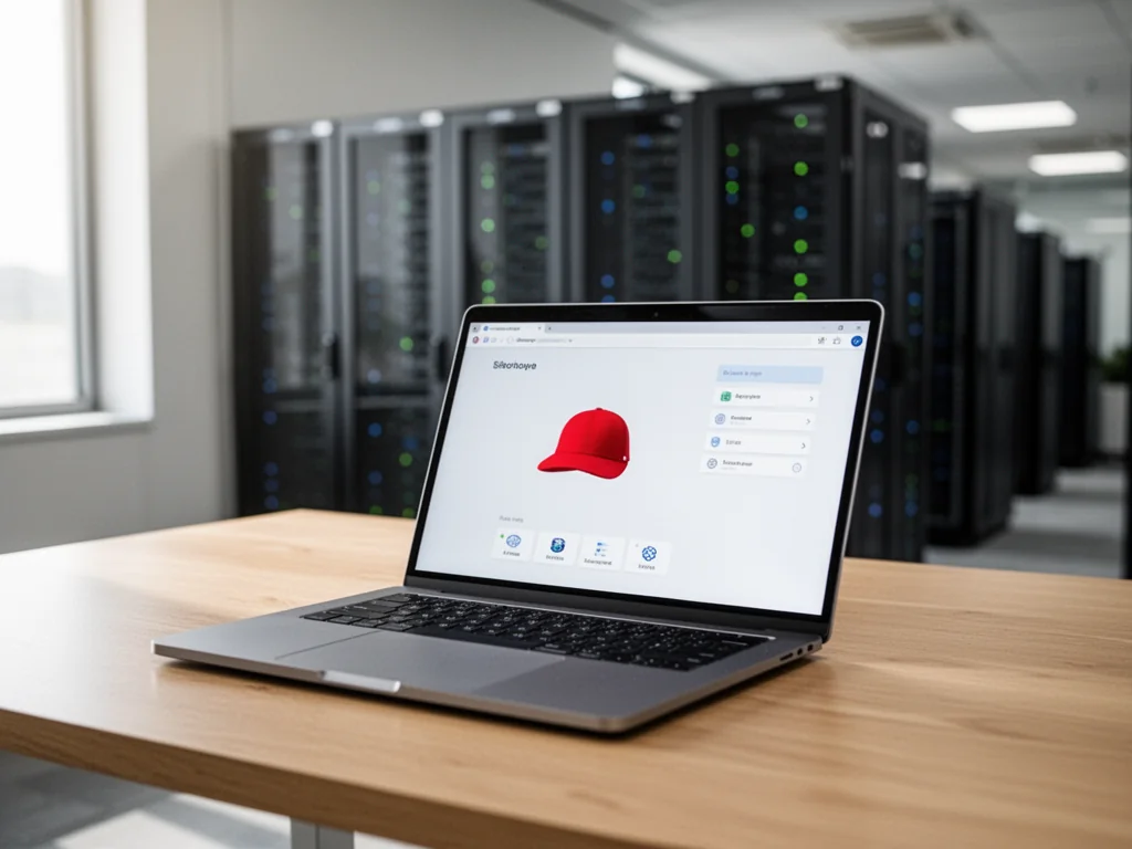 Laptop z ikoną czerwonego kapelusza i pulpitem serwera na tle szaf serwerowych, symbolizujący system Red Hat Linux.