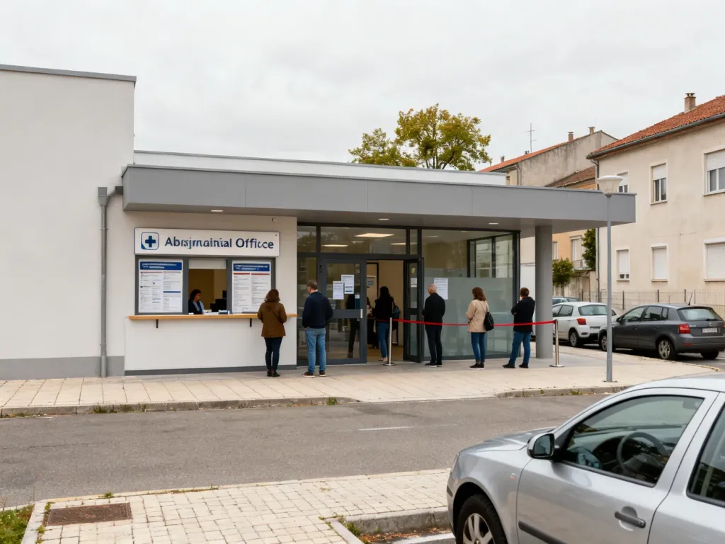 Wejście do wydziału komunikacji w Wejherowie z kolejką petentów przed punktem informacyjnym