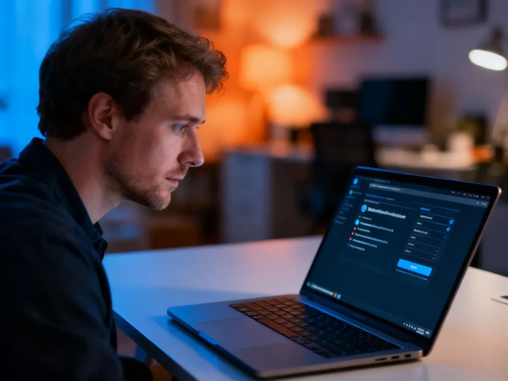 Mężczyzna przy biurku skupiony na ustawieniach systemu Windows 11 na ekranie laptopa.
