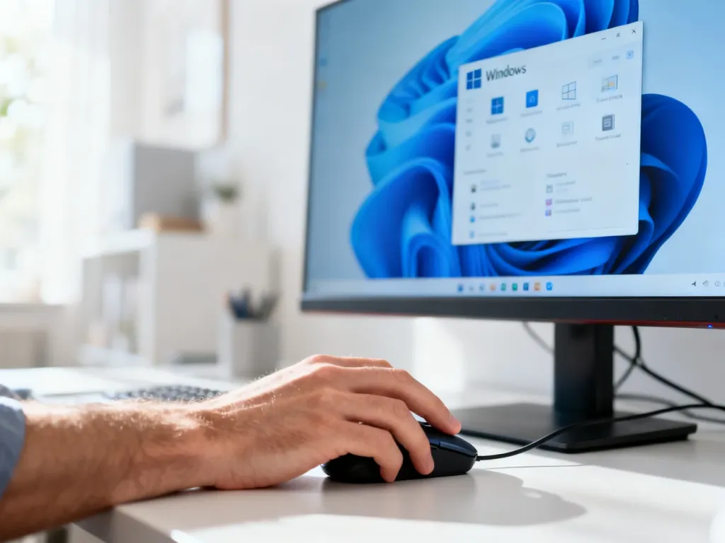 Dłoń obsługująca myszkę komputerową na pulpicie systemu Windows 11 w nowoczesnym biurze.