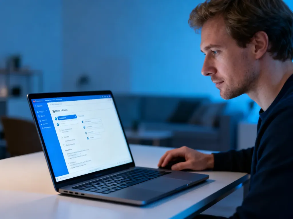 Mężczyzna przy biurku skupiony na ustawieniach systemu Windows 11 na ekranie laptopa.