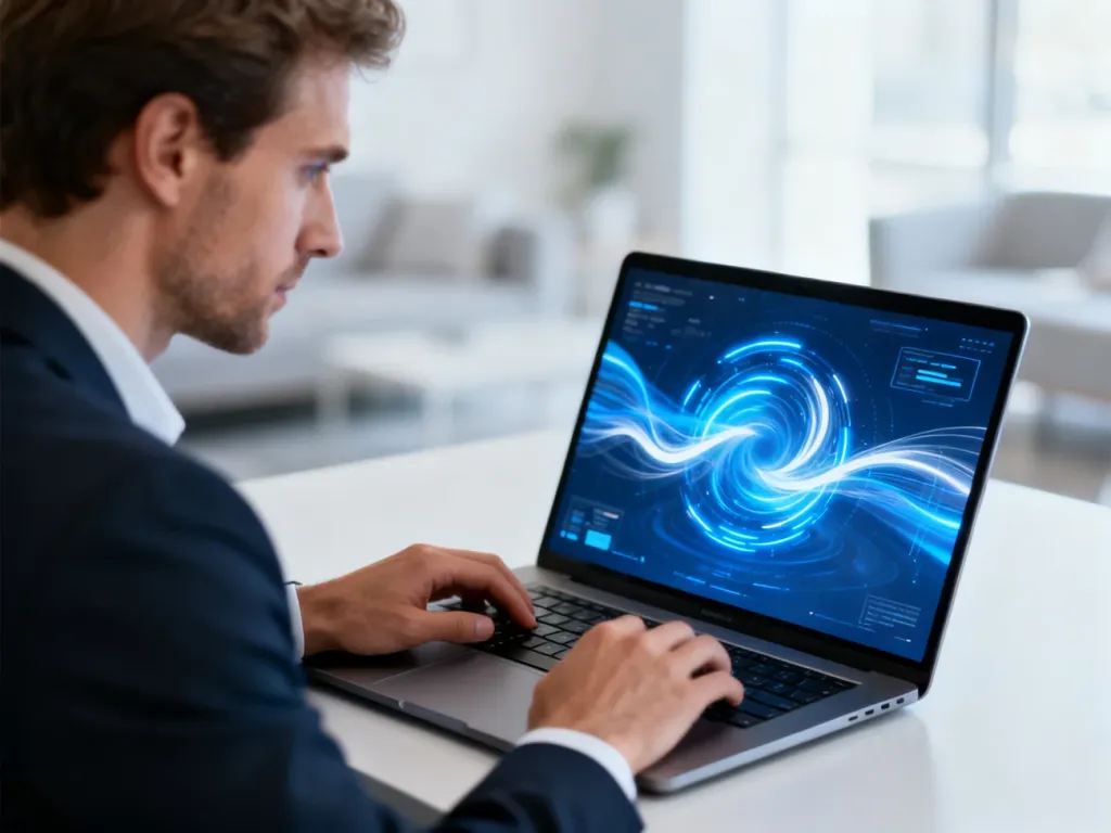 Mężczyzna pracujący przy nowoczesnym laptopie z systemem Windows, podkreślający estetykę i wydajność nowego oprogramowania.