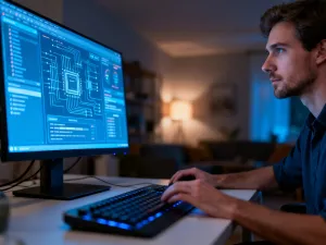 Nowoczesne stanowisko komputerowe z widocznym pulpitem systemu Windows 11 na monitorze.
