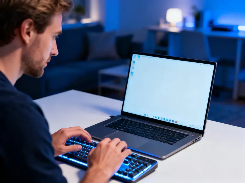 Mężczyzna pracujący przy nowoczesnym laptopie w domowym biurze, ilustrujący komfort korzystania z systemu Windows.
