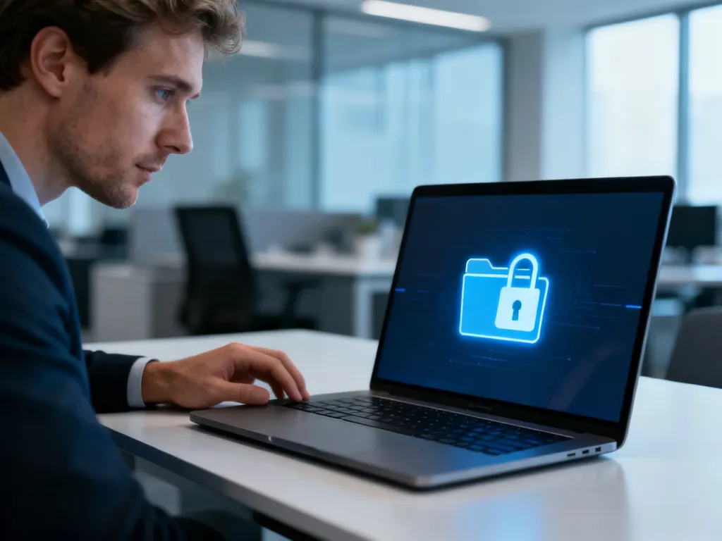 Mężczyzna skupiony na ekranie laptopa z ikoną zabezpieczonego folderu, ilustrujący proces ochrony plików w Windows 11.