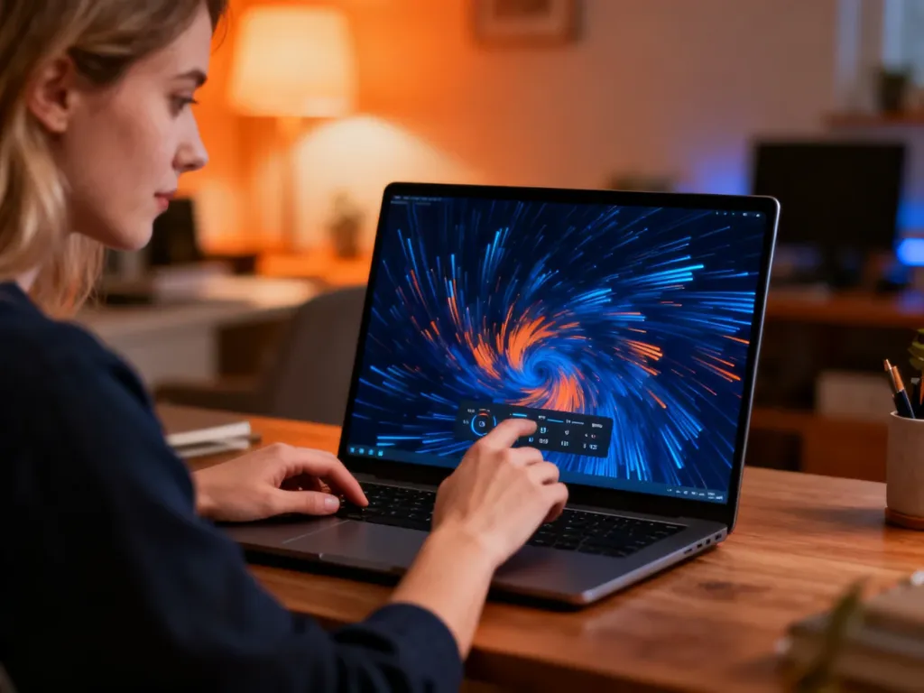 Kobieta w przytulnym domowym biurze dostosowuje ustawienia tapety na ekranie nowoczesnego laptopa.