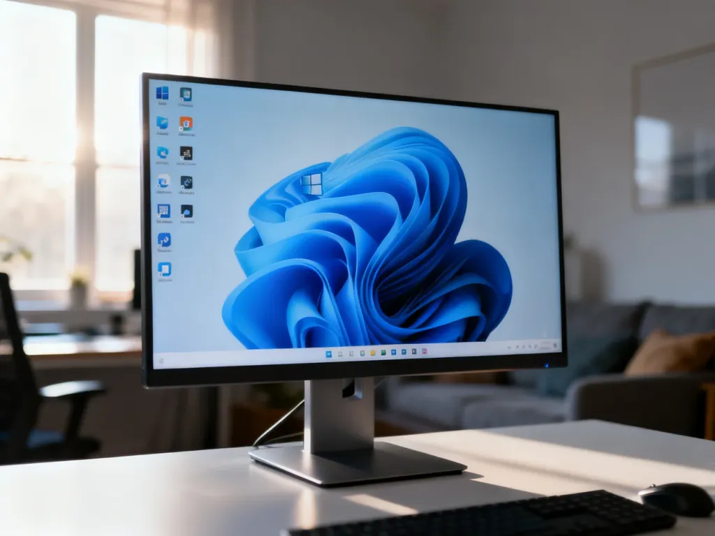 Nowoczesne stanowisko komputerowe z widocznym pulpitem systemu Windows 11 na monitorze.