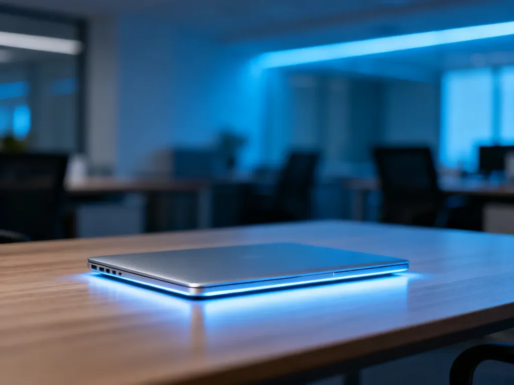 Nowoczesny laptop na minimalistycznym biurku, podkreślający profesjonalny charakter pracy z systemem Windows 11.
