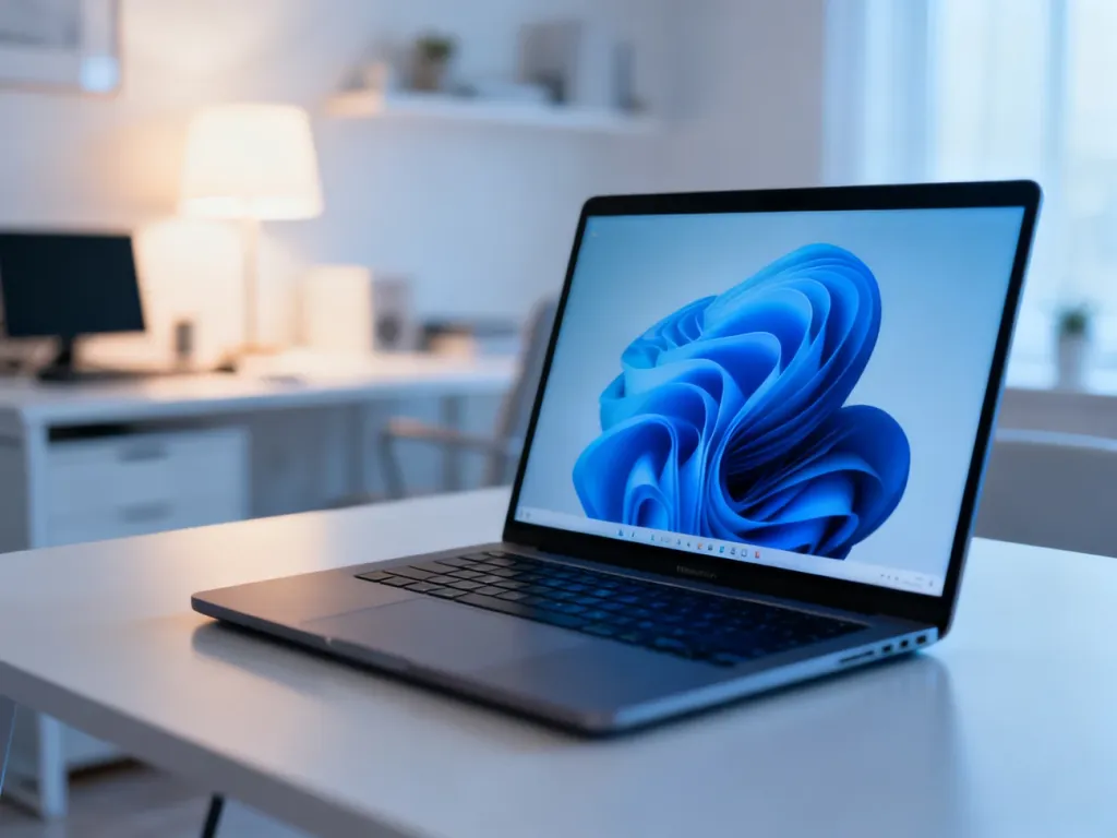 Nowoczesny laptop z abstrakcyjnym interfejsem na ekranie w minimalistycznym biurze, symbolizujący technologię i system Windows.