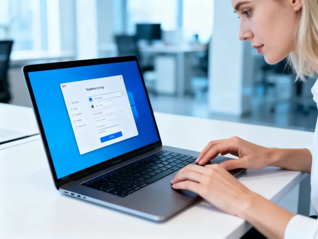 Kobieta obsługująca ustawienia systemu Windows na laptopie w nowoczesnym biurze.