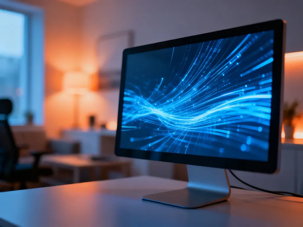 Nowoczesne stanowisko pracy z monitorem wyświetlającym cyfrowe dane, symbolizujące innowacje systemu Windows 12.