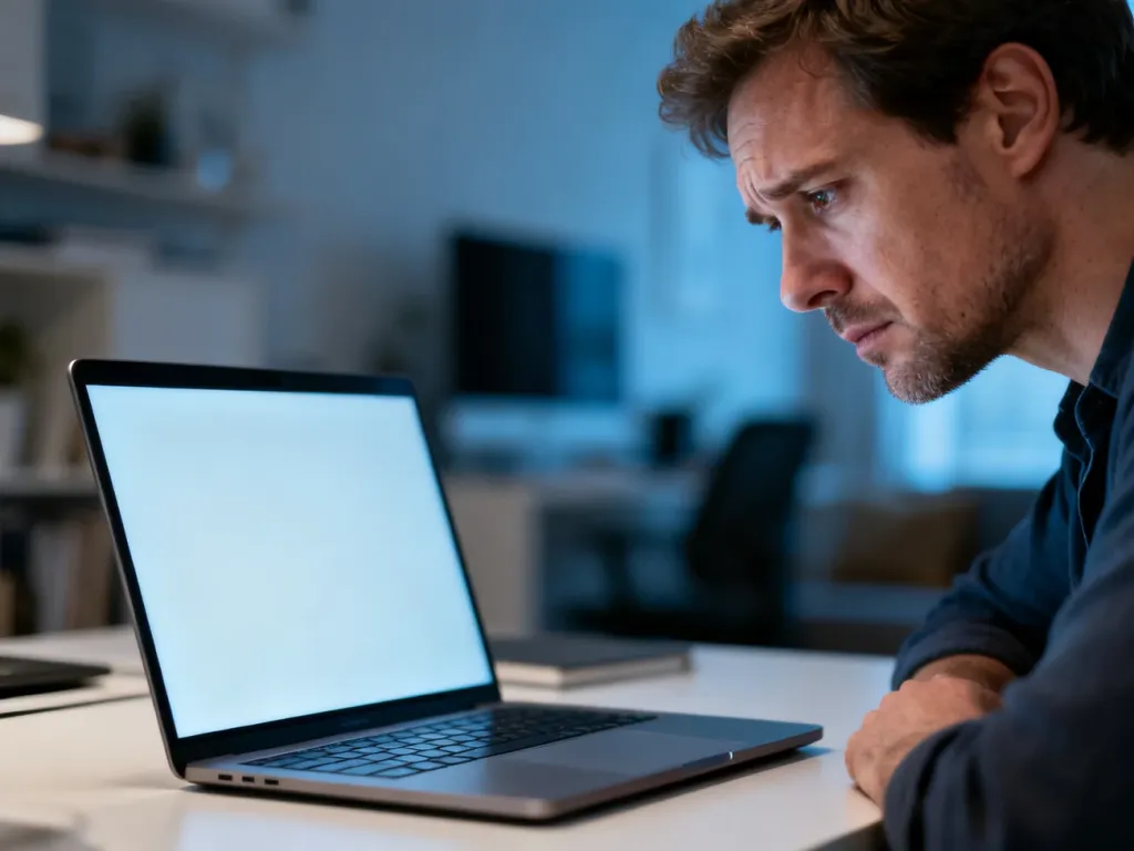 Zirytowany mężczyzna siedzący przed wyłączonym laptopem, ilustrujący problem z brakiem dźwięku w systemie Windows 11.