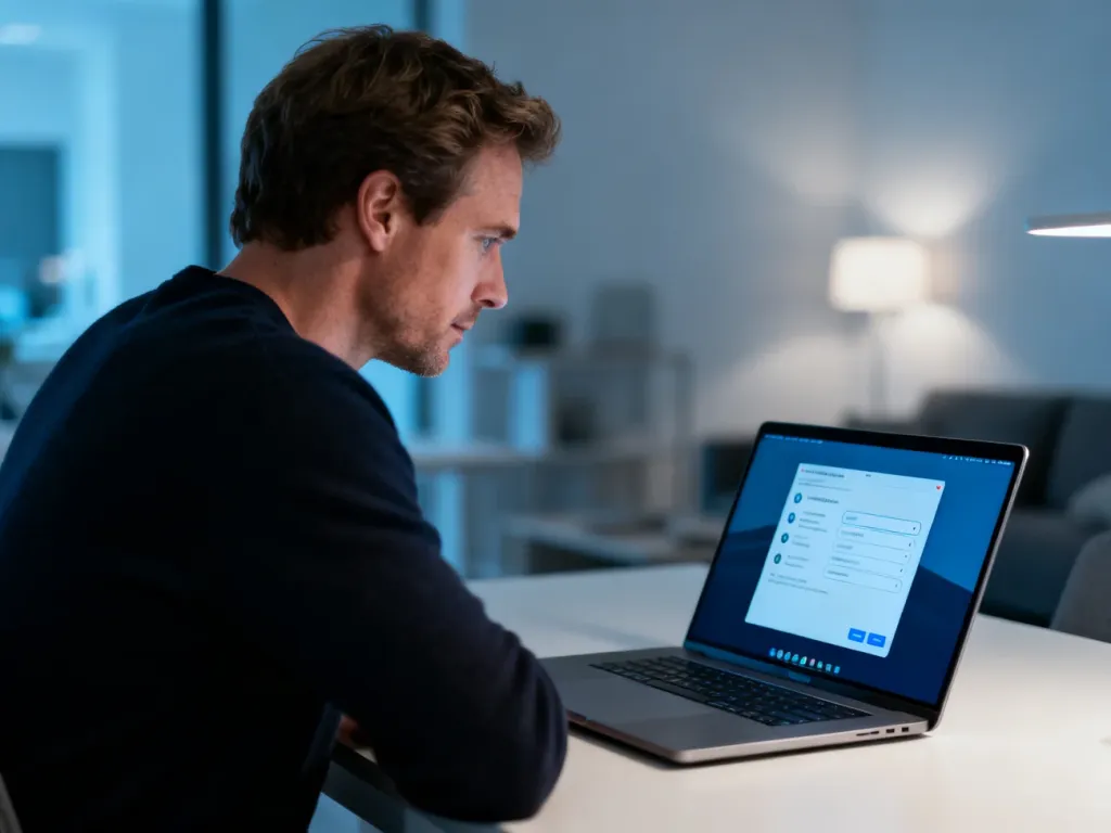 Mężczyzna przy biurku skupiony na ekranie laptopa z otwartymi ustawieniami systemu Windows 11.