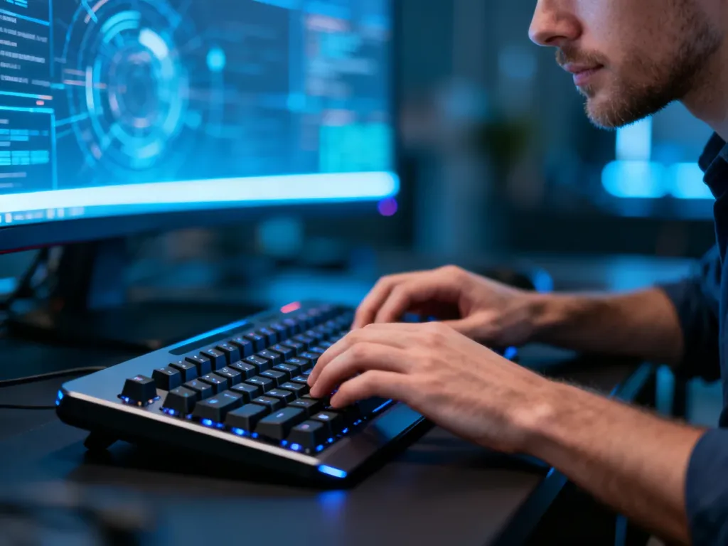 Dłonie piszące na podświetlanej klawiaturze mechanicznej w nowoczesnym biurze, ilustrujące pracę z systemem Windows 11.