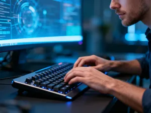 Monitor z oknem ustawień Windows i suwakami, na biurku klawiatura i mysz, w tle rozmyte domowe biuro.
