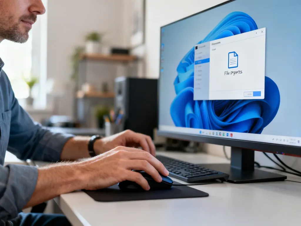 Dłonie użytkownika klikające ikonę pliku na pulpicie systemu Windows 11 w celu zmiany jego właściwości.