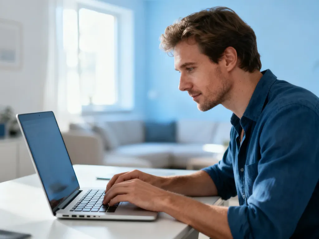 Mężczyzna pracujący przy laptopie w jasnym, nowoczesnym biurze domowym.
