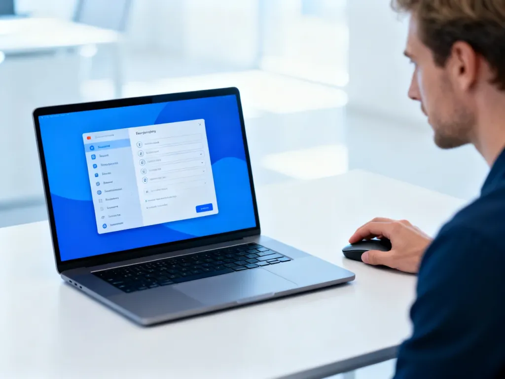 Mężczyzna przy biurku sprawdza parametry systemu na nowoczesnym laptopie w jasnym, minimalistycznym biurze.