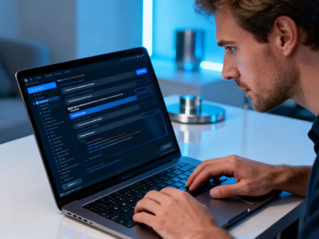 Mężczyzna konfigurujący ustawienia aktualizacji systemu na ekranie laptopa w nowoczesnym biurze.