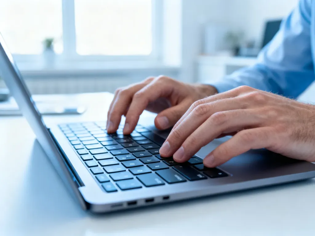 Dłonie użytkownika na klawiaturze laptopa podczas wykonywania zrzutu ekranu w jasnym, nowoczesnym biurze.