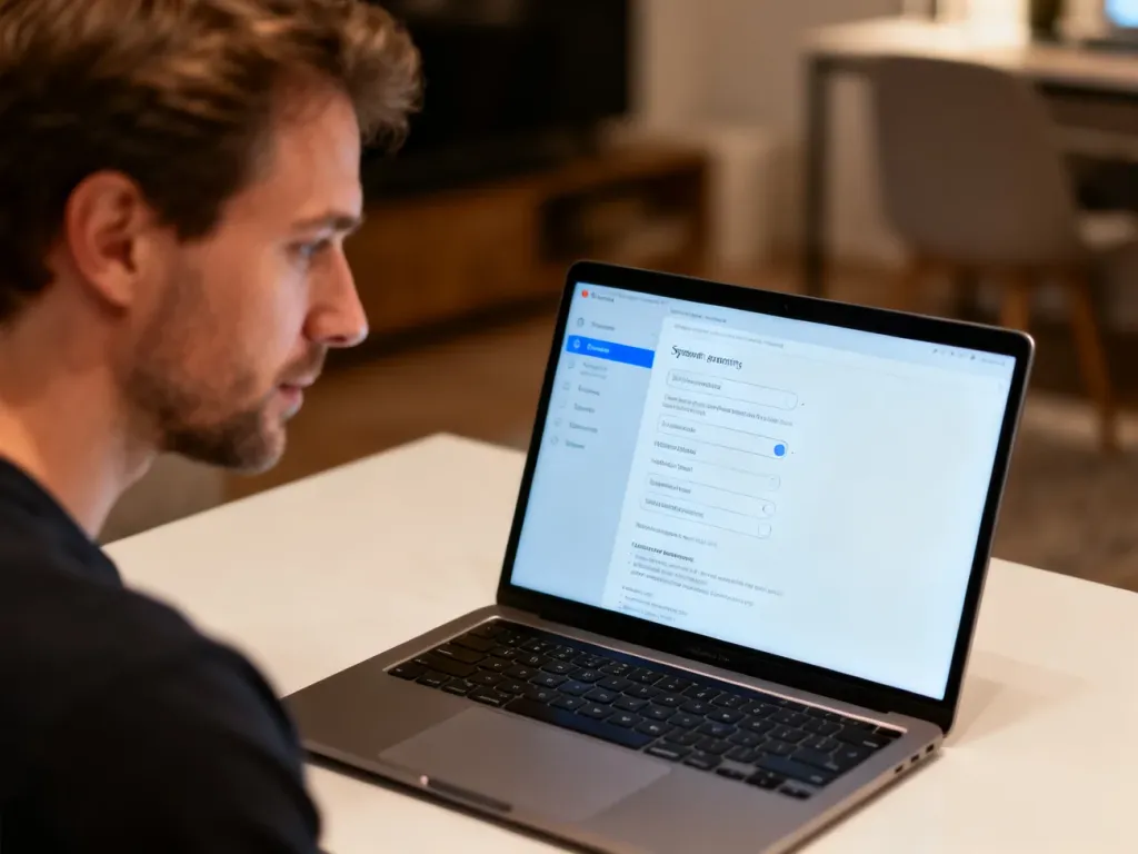 Mężczyzna skupiony na pracy przy laptopie w nowoczesnym biurze, konfigurujący ustawienia systemowe Windows 11.