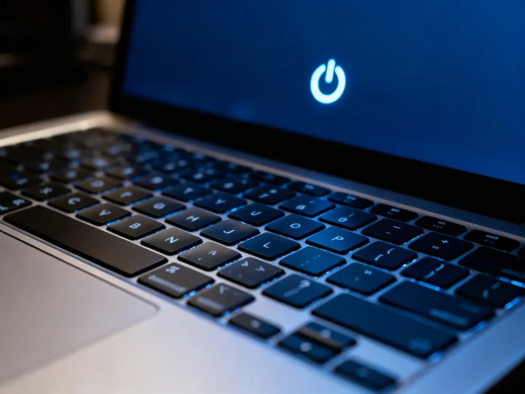 Nowoczesna klawiatura laptopa w przyciemnionym pomieszczeniu z podświetlaną ikoną zasilania na ekranie w tle.