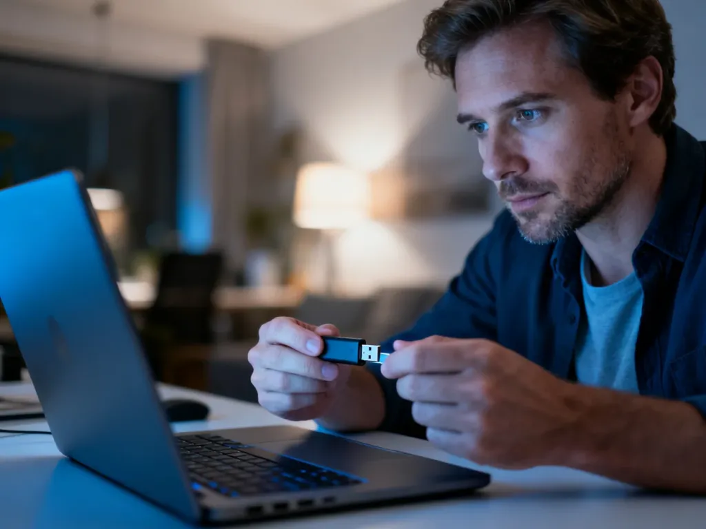 Mężczyzna trzymający pendrive przy laptopie, przygotowujący się do formatowania systemu Windows 11.