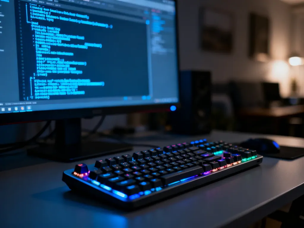 Nowoczesne stanowisko komputerowe z podświetlaną klawiaturą i terminalem z kodem na ekranie monitora.