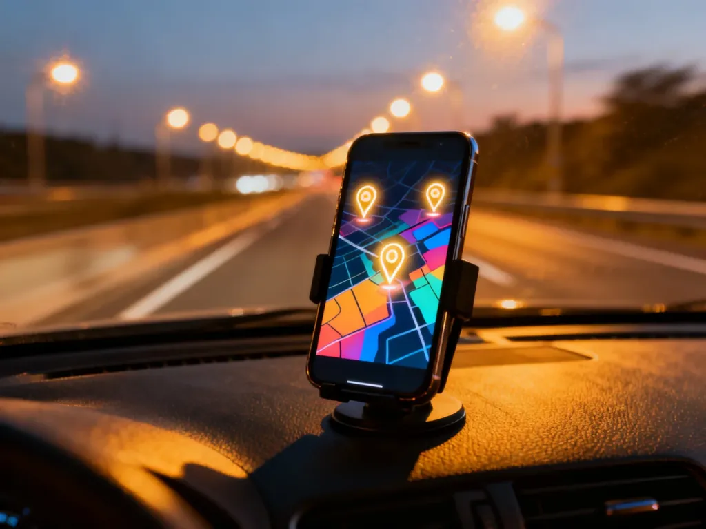 Smartfon z włączoną nawigacją zamontowany na desce rozdzielczej samochodu jadącego autostradą o zmierzchu.