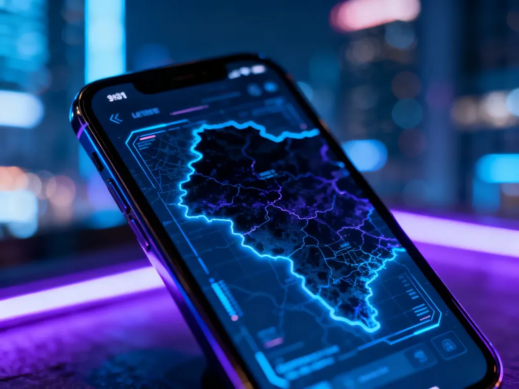 Smartfon z wyświetloną mapą w ciemnym motywie na tle rozmytego, nocnego miasta, symbolizujący tryb incognito.
