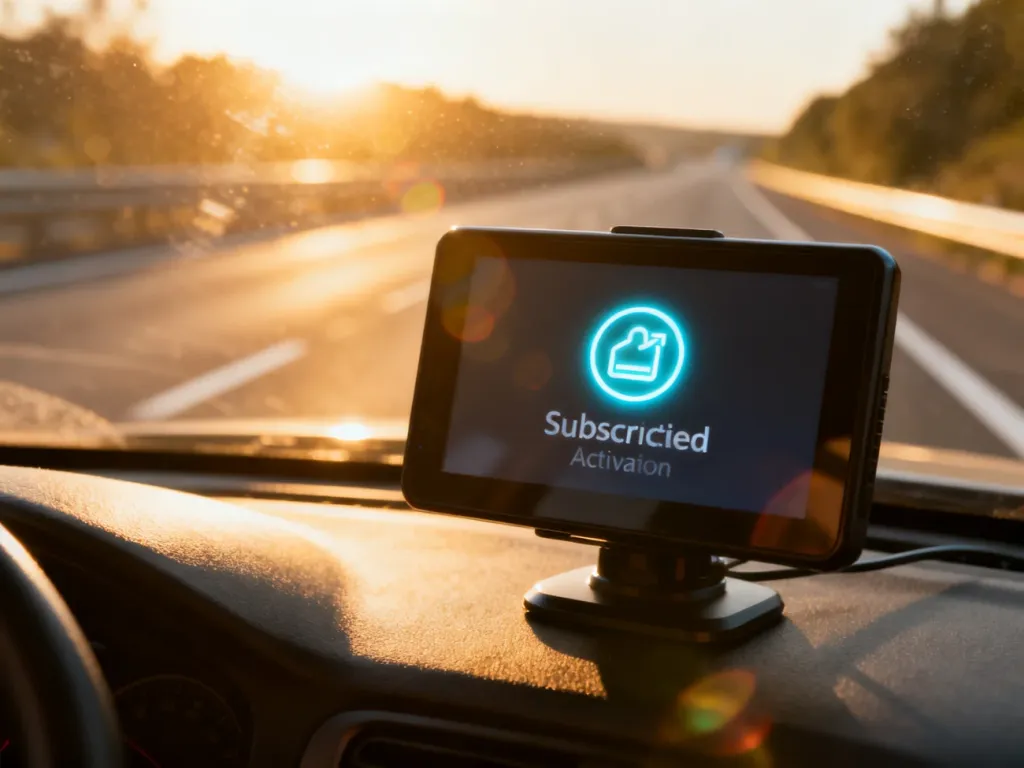 Ekran urządzenia GPS w samochodzie z podświetloną ikoną aktywacji abonamentu na tle słonecznej autostrady.