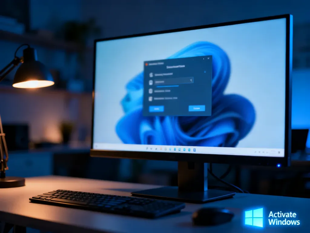 Monitor komputera z widocznym znakiem wodnym aktywacji systemu Windows w przyciemnionym, nowoczesnym biurze.