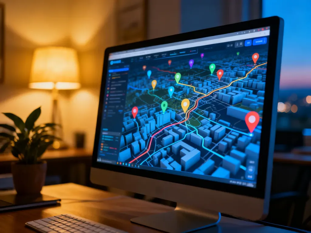 Monitor komputera wyświetlający szczegółową mapę 3D z trasami w przytulnym domowym biurze.