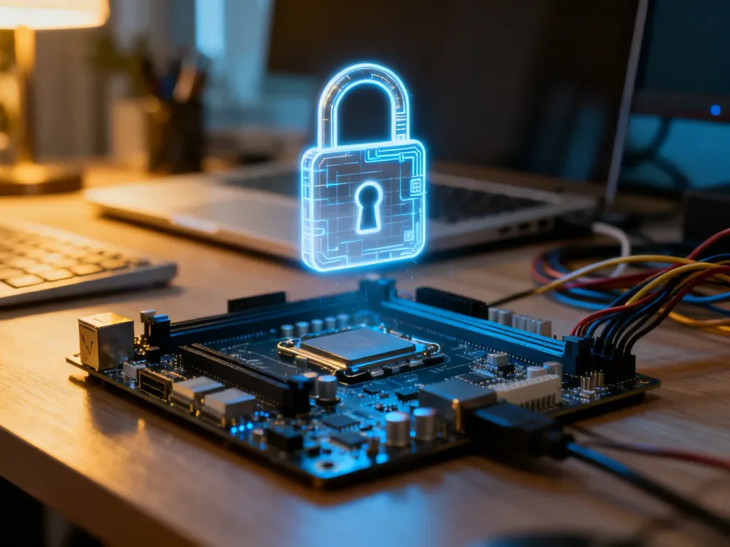 Cyfrowa ikona kłódki nad płytą główną komputera, symbolizująca proces aktywacji licencji systemu Windows.