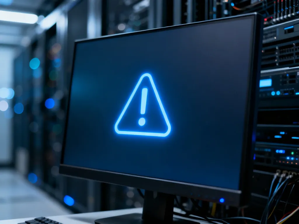 Monitor wyświetlający abstrakcyjną ikonę błędu systemowego na tle serwerowni, ilustrujący problemy z aktywacją oprogramowania.