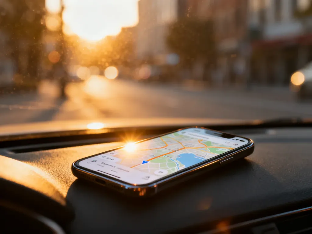 Smartfon z włączoną nawigacją umieszczony na desce rozdzielczej samochodu podczas jazdy w świetle zachodzącego słońca.
