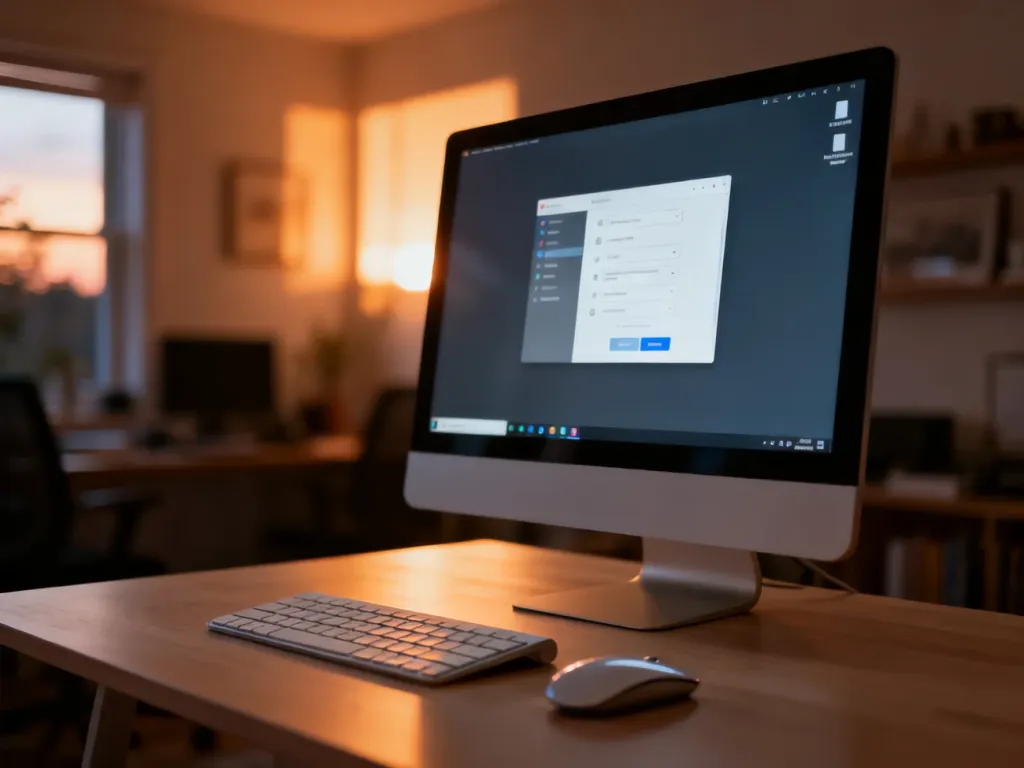 Nowoczesne stanowisko komputerowe z widocznym pulpitem systemu Windows, przygotowane do konfiguracji ustawień.