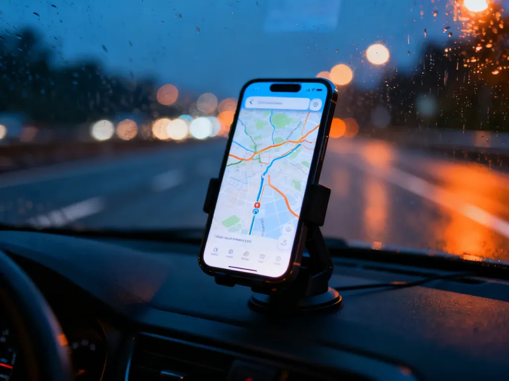 Smartfon z włączoną nawigacją zamontowany na desce rozdzielczej samochodu podczas jazdy w deszczową noc.