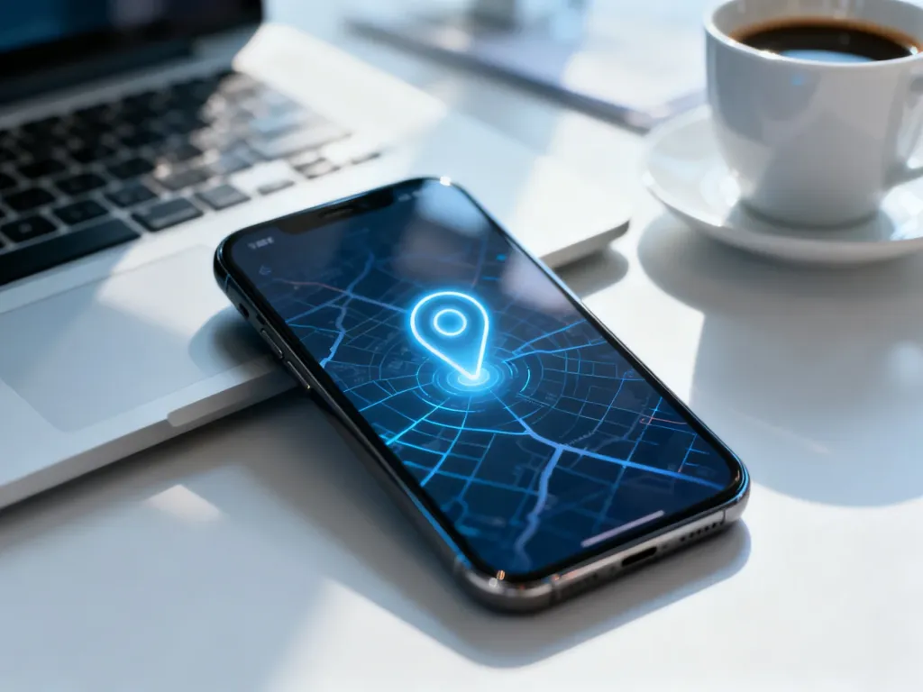 Smartfon z wyświetloną mapą i pinezką lokalizacji na tle biurka, ilustrujący proces dodawania miejsca w Mapach Google.