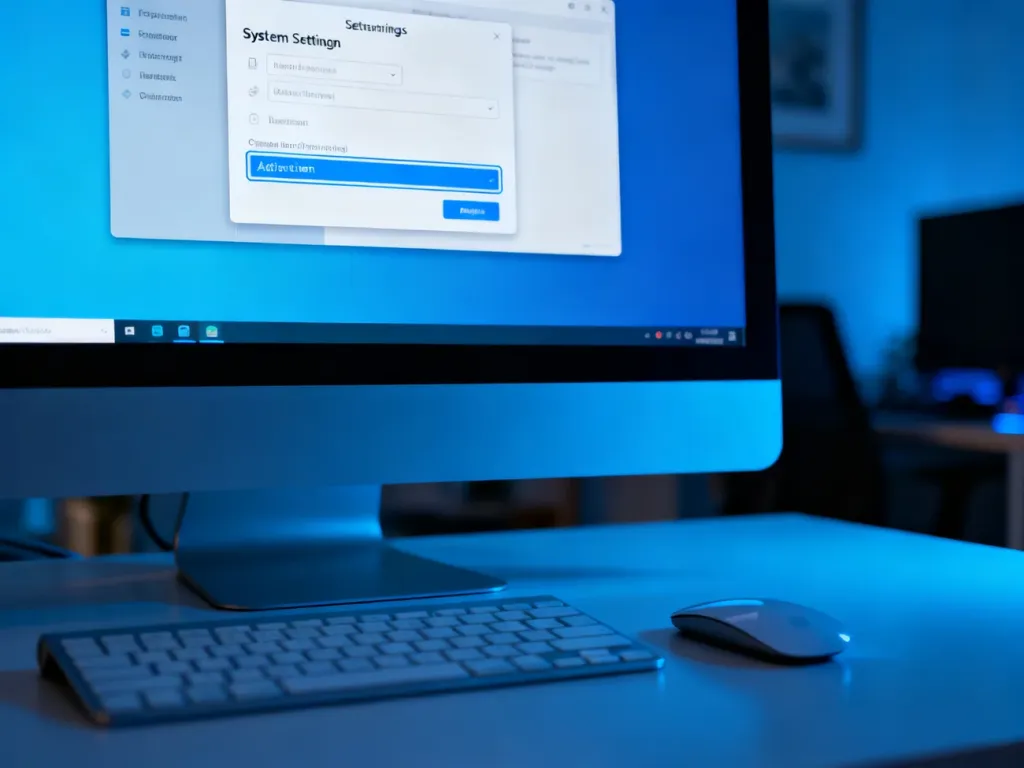 Ekran ustawień systemu Windows z podświetlonym polem aktywacji na monitorze komputera w nowoczesnym biurze.