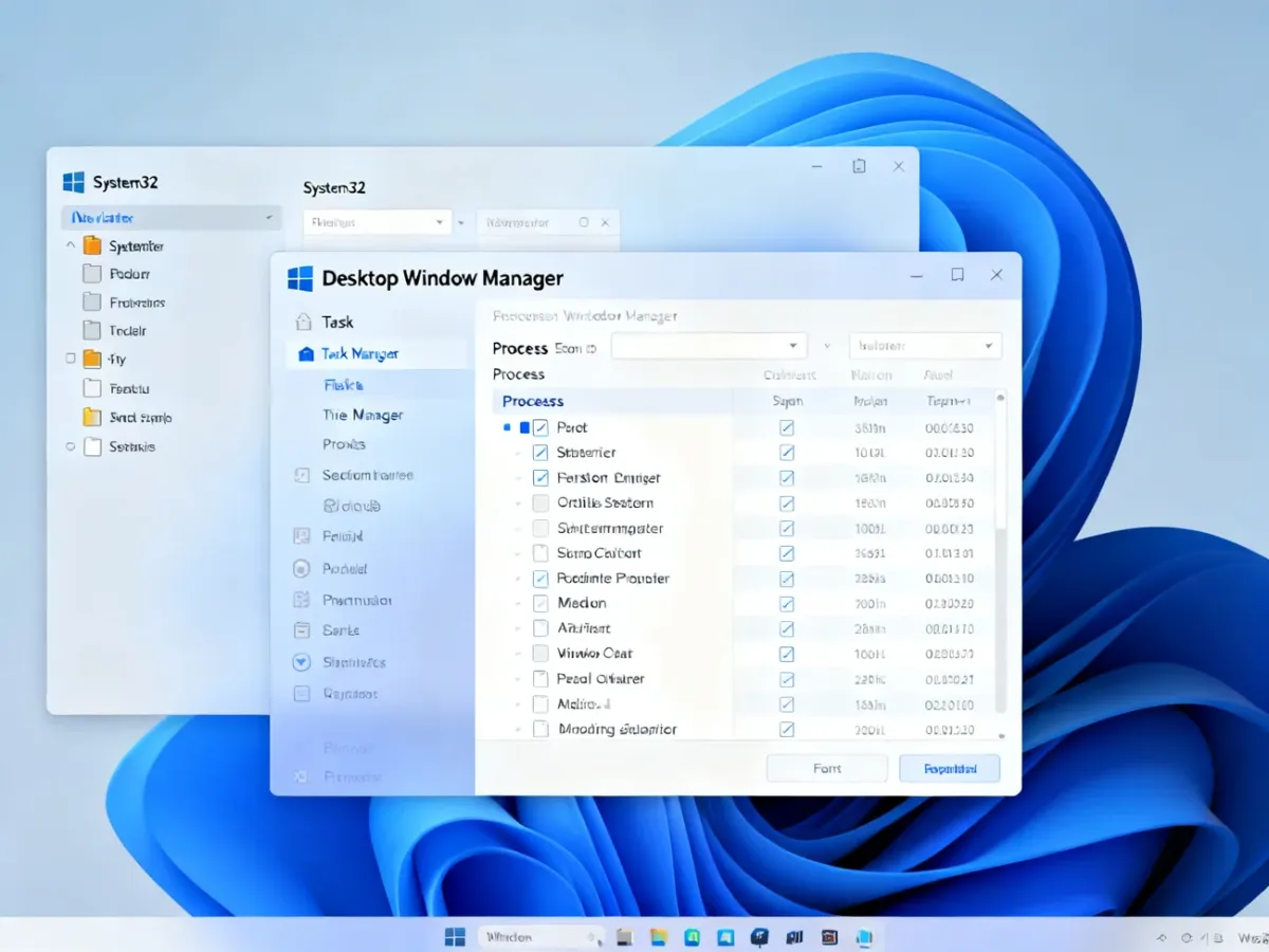 Menedżer zadań z zaznaczonym procesem Desktop Window Manager i folderem System32 w tle