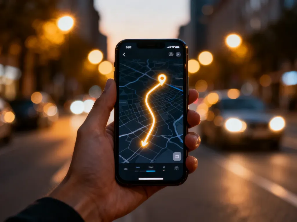 Smartfon z włączoną nawigacją GPS na tle rozmytego wieczornego miasta, ilustrujący udostępnianie trasy w Mapach Google.