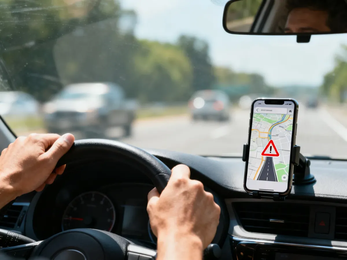 Smartfon z mapą i ostrzeżeniem drogowym w samochodzie