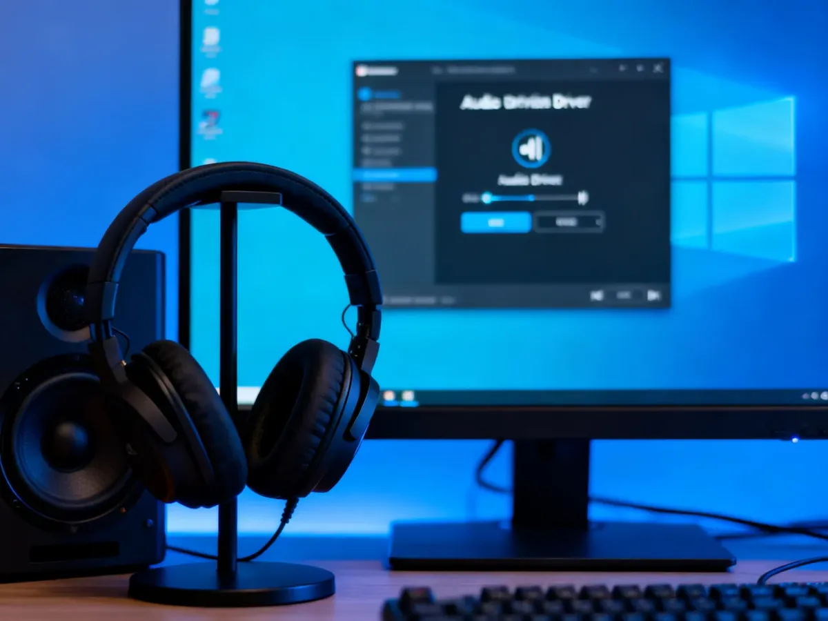 Komputer z urządzeniami audio podczas aktualizacji sterownika dźwięku