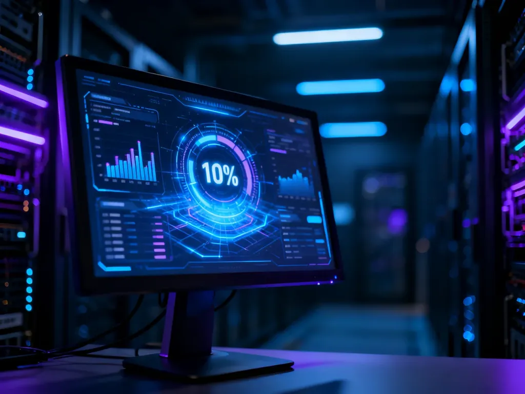 Wykres wydajności systemu na monitorze w serwerowni, ilustrujący wysokie obciążenie procesora w środowisku technicznym.