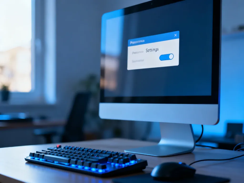 Ekran komputera z widocznym menu ustawień i przełącznikiem, symbolizujący proces konfiguracji aplikacji w systemie Windows.