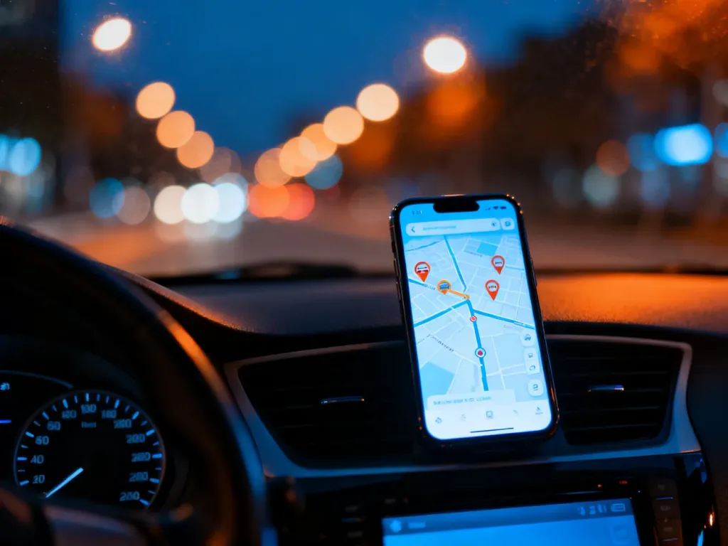 Nocna jazda samochodem z włączoną aplikacją nawigacyjną na smartfonie, prezentującą mapę i ikony ruchu drogowego.